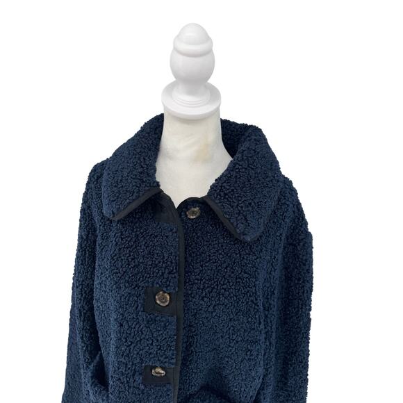 J.CREW Navy Blue Teddy Sherpa Coat with Collar & Pockets - Warm Cozy Luxe! Sz L - Picture 2 of 13